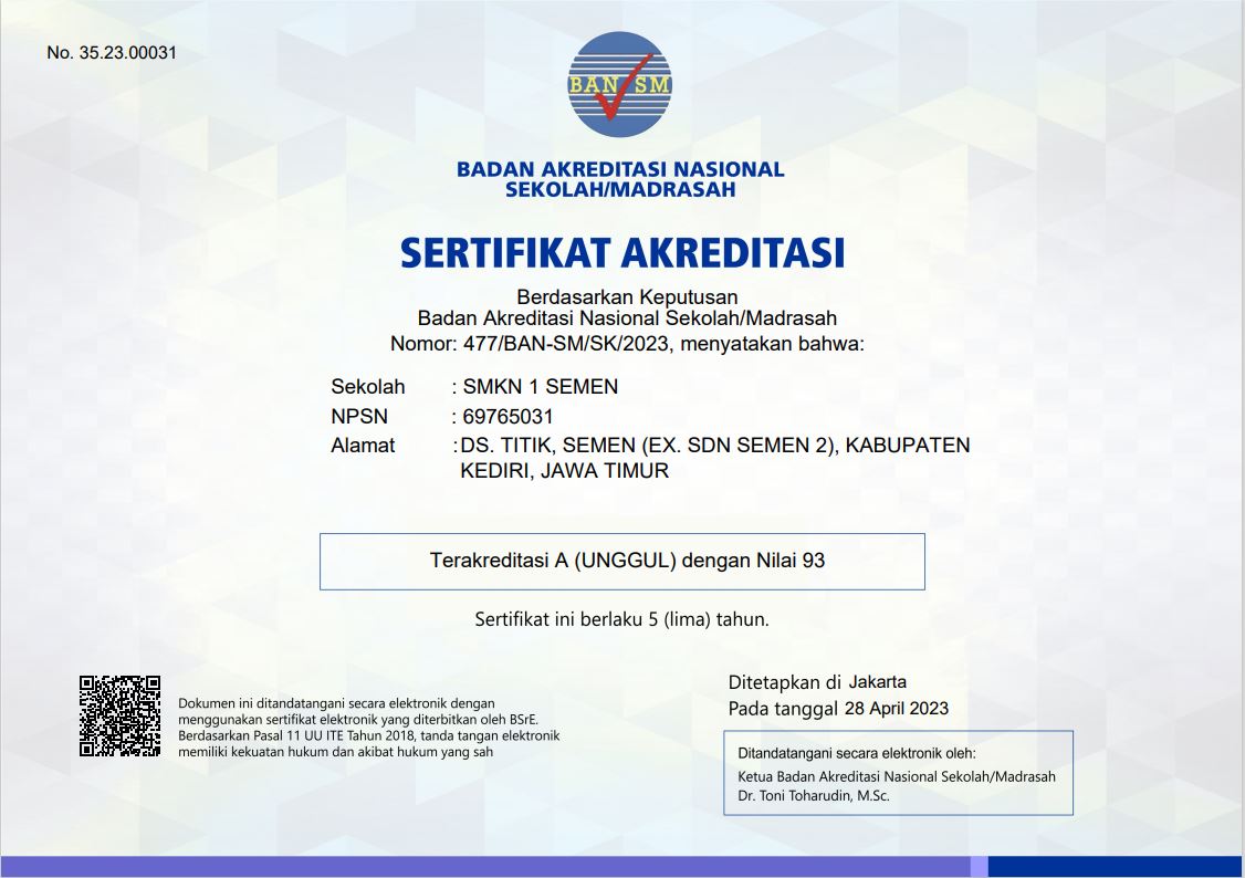 SMK Negeri 1 Semen Berhasil Raih Akreditasi A